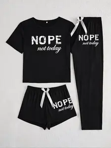 Women's Casual Letter Print Pajama Set, Three-Piece Sleepwear for All Seasons, Fitted Kint Fabric, Comfortable Nightwear