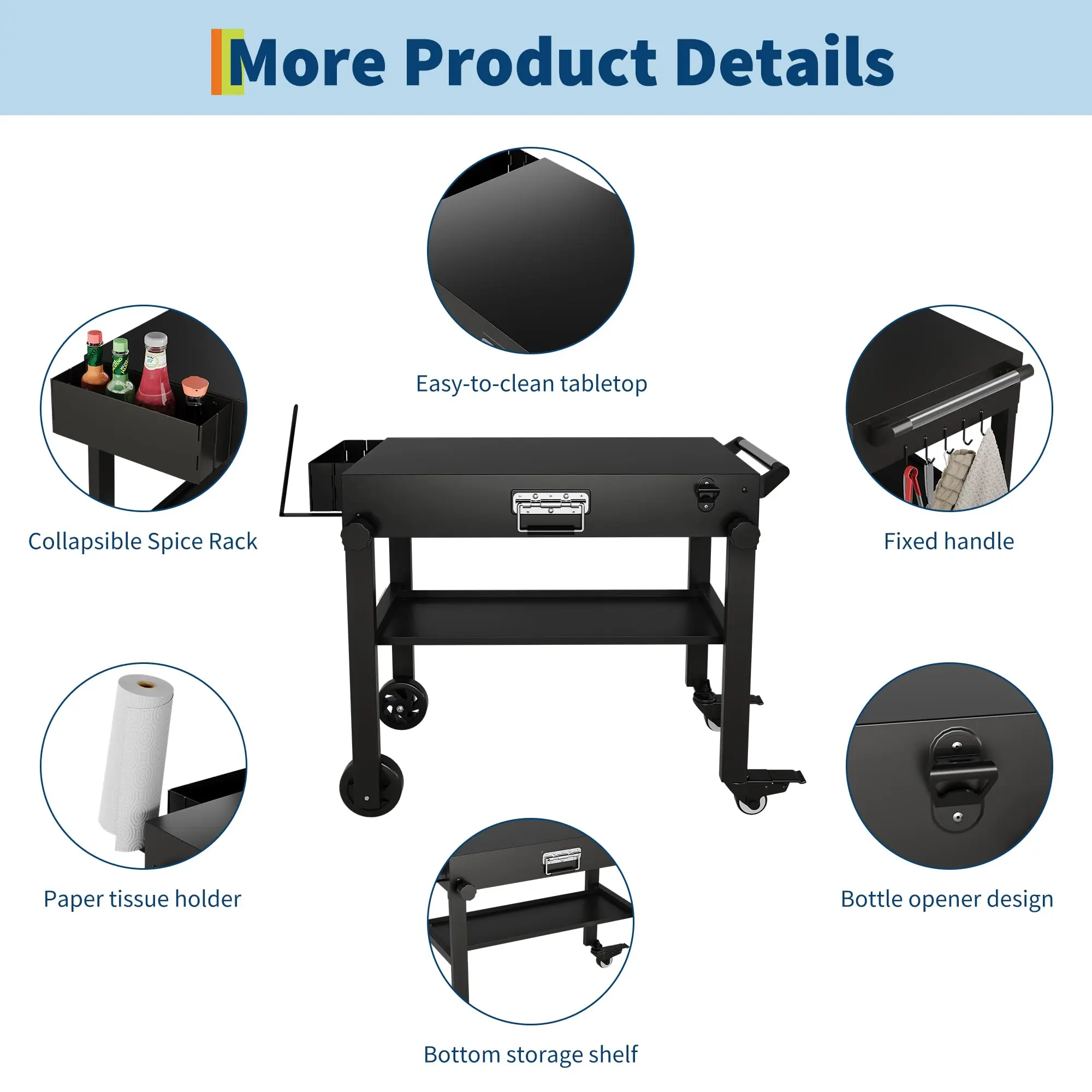 Outdoor Grill Cart Heavy Duty Commercial Grade - Rolling Kitchen Cart with Foldable Shelf, Stainless Steel Locking Wheels, Perfect for Farmers Market, RV, Catering