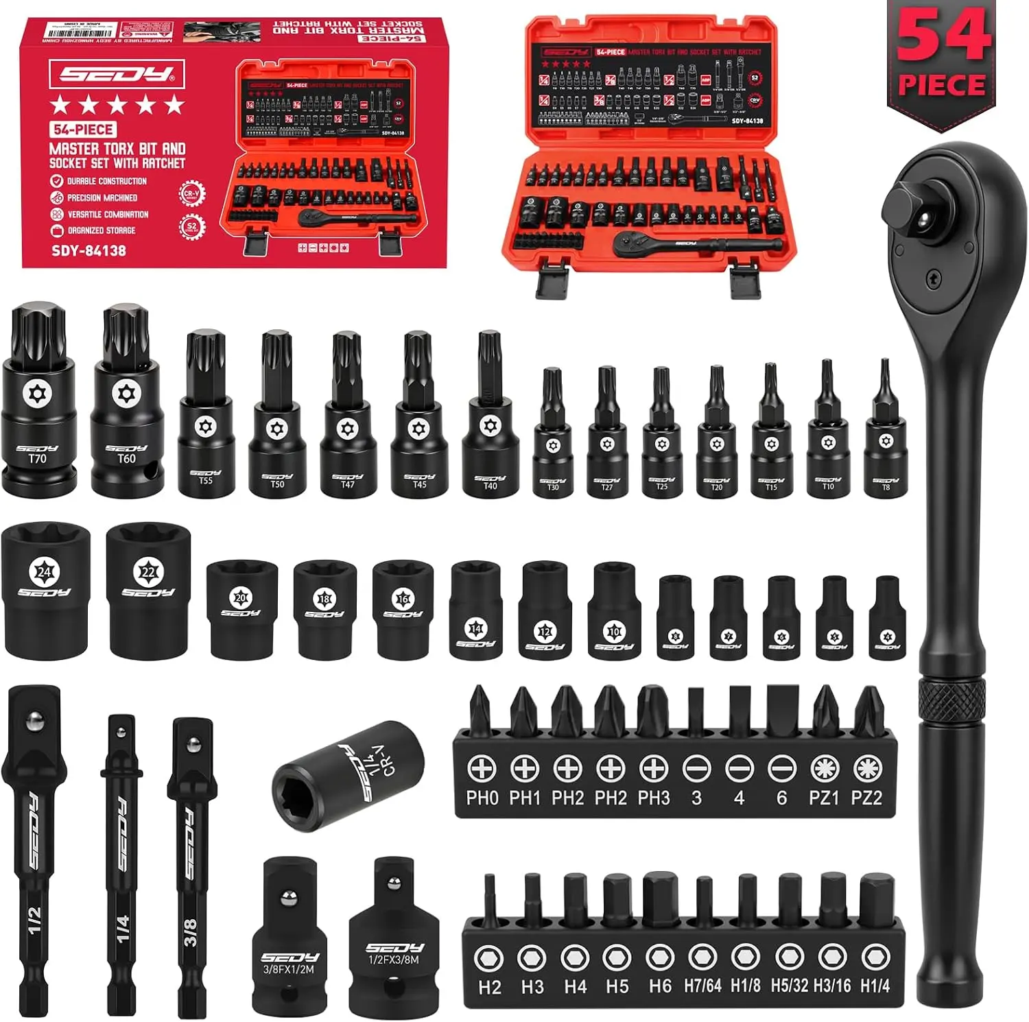 54-Piece Master Torx Bit Socket Set, T8-T70 Star Bits and E4-E24 E-Torx Sockets, Ratchet Wrench, 1/4" Bit Holder, S2 Steel Bits, CR-V Sockets, Extension Bars and Adapters for Auto Repair