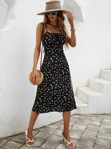 Floral Print Knot Front Split Thigh Cami Dress