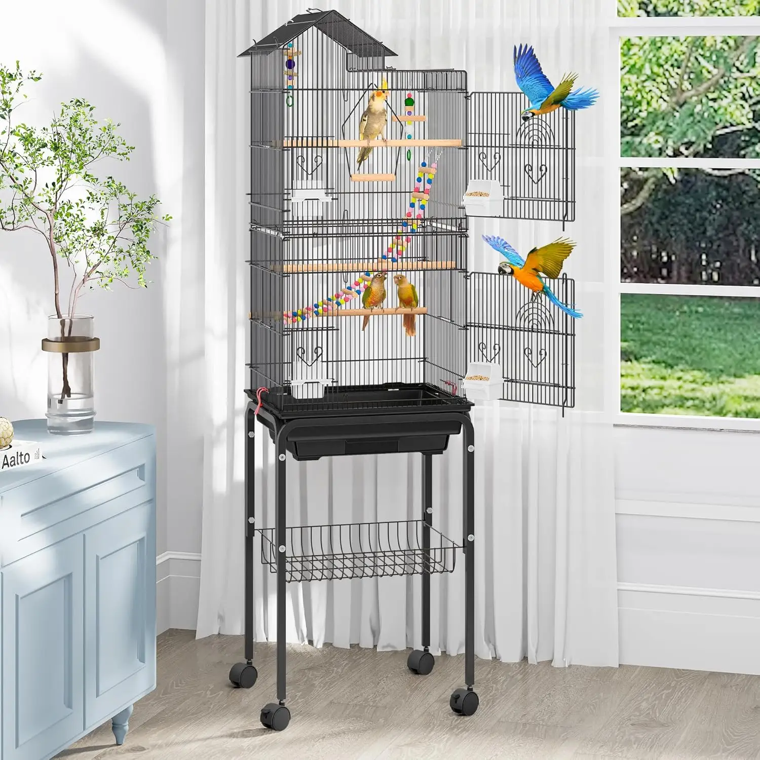 YITAHOME 62 inch Metal Bird Cage, Large Parakeet Cages for Parrot, Cockatiel, Lovebird, Pigeon with Roof Top, Black/White