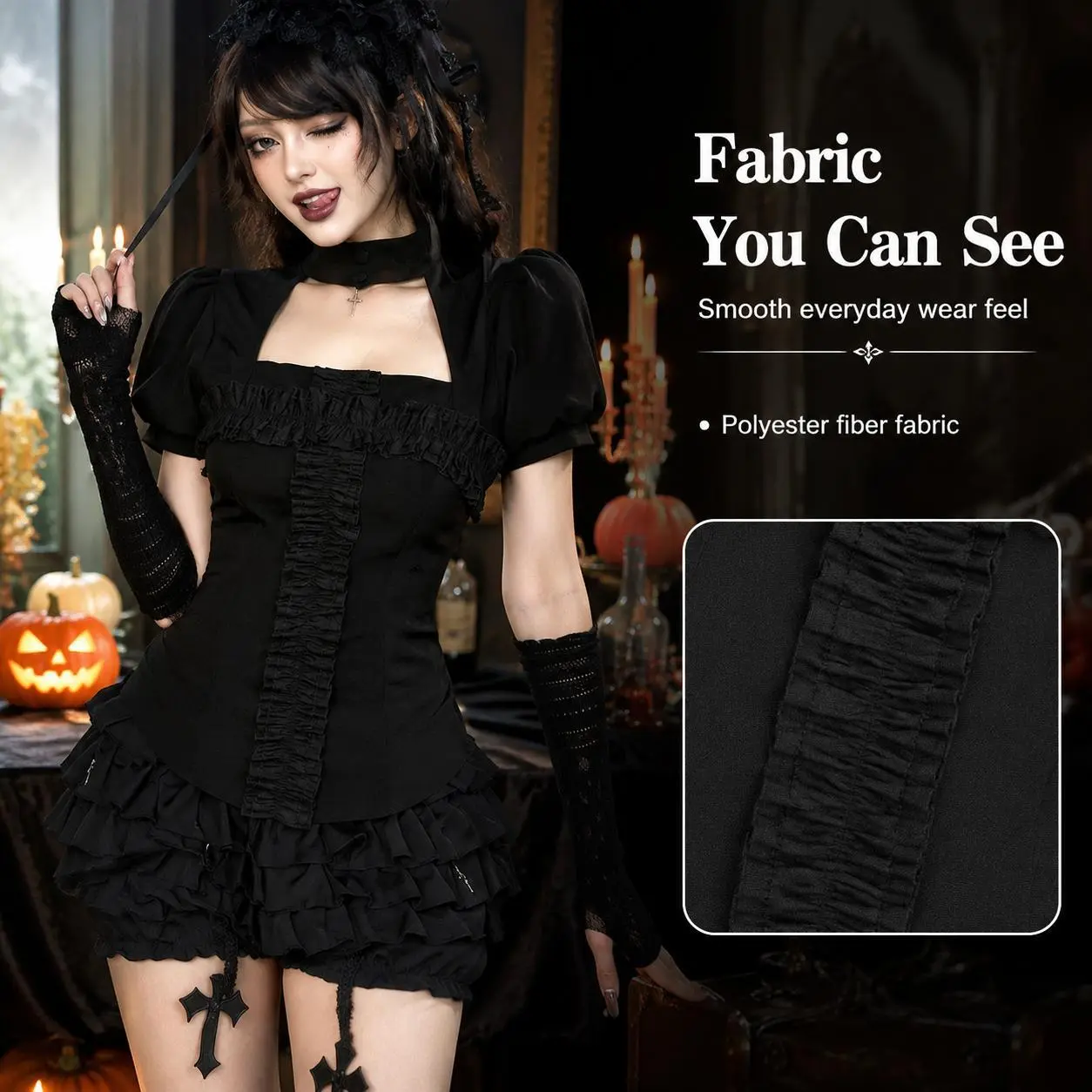 Women's Gothic 2-Piece Outfit Set - Puff Short Sleeve Cutout Corset Top, Ruffle Bloomers Shorts - Dark Romantic Halloween Cosplay Party Black Womenswear