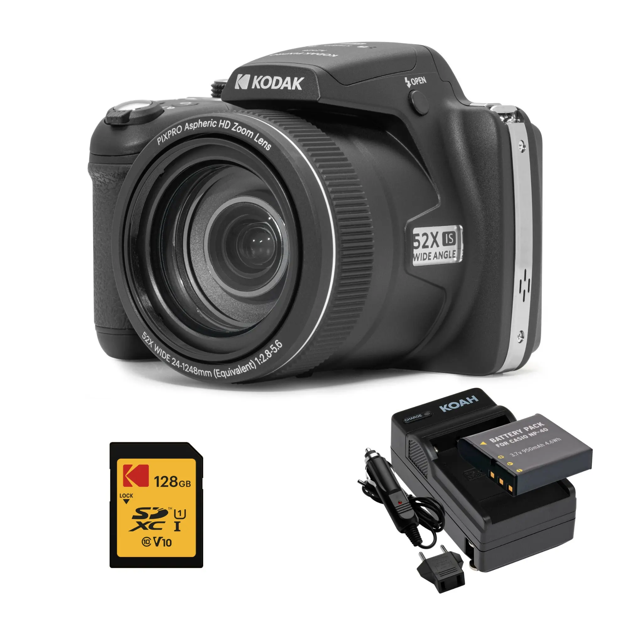 PIXPRO AZ528 16MP Astro and 52x Optical Zoom Digital Camera (Black) with 128GB SD Card Bundle for Kodak