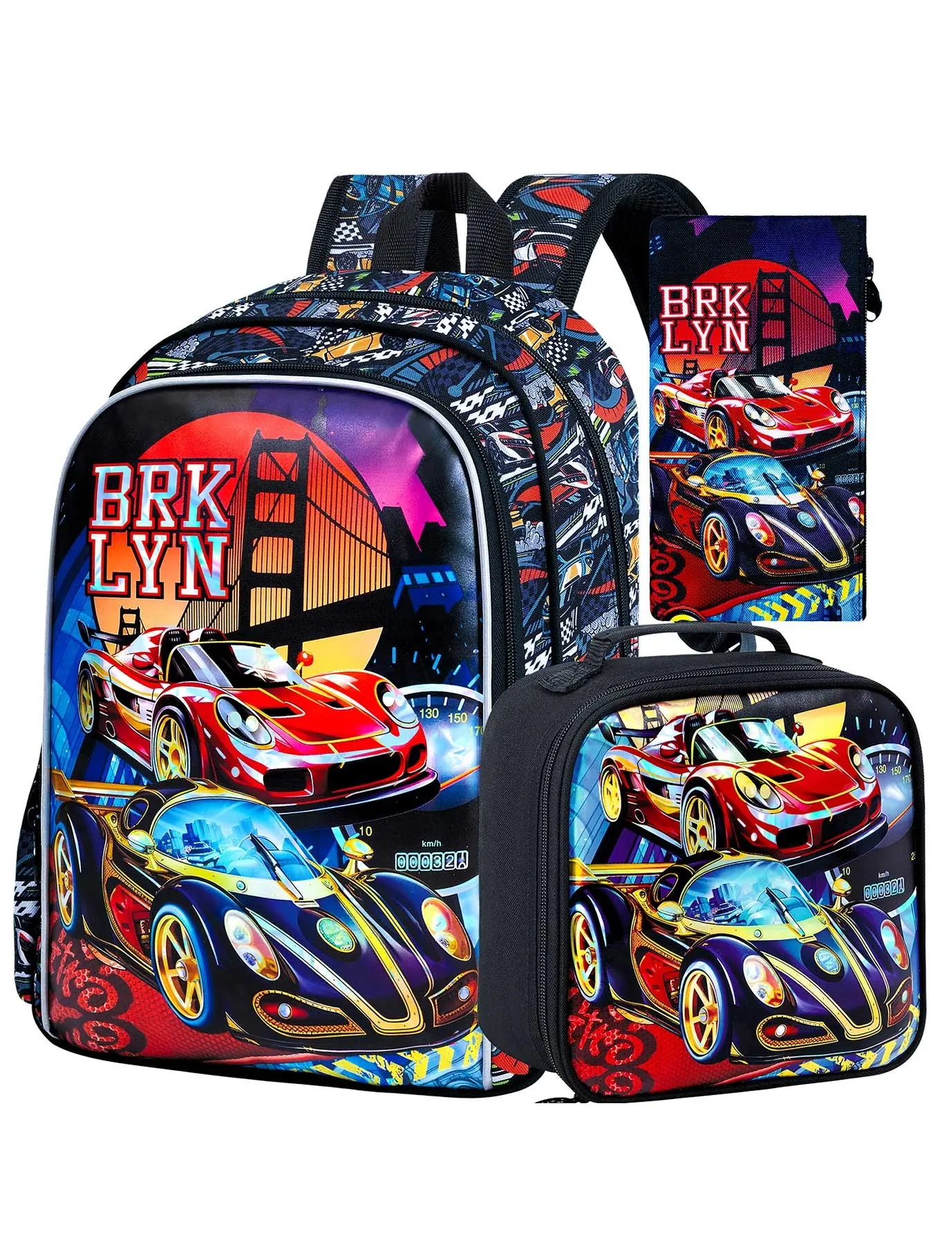 3PCS Sports Car School Bag Set Kids Backpacks Youth Backpack | Retro Racing Aesthetic | Multi-Pocket with Adjustable Straps | For Elementary Kids Daily School & Back-to-School Gift