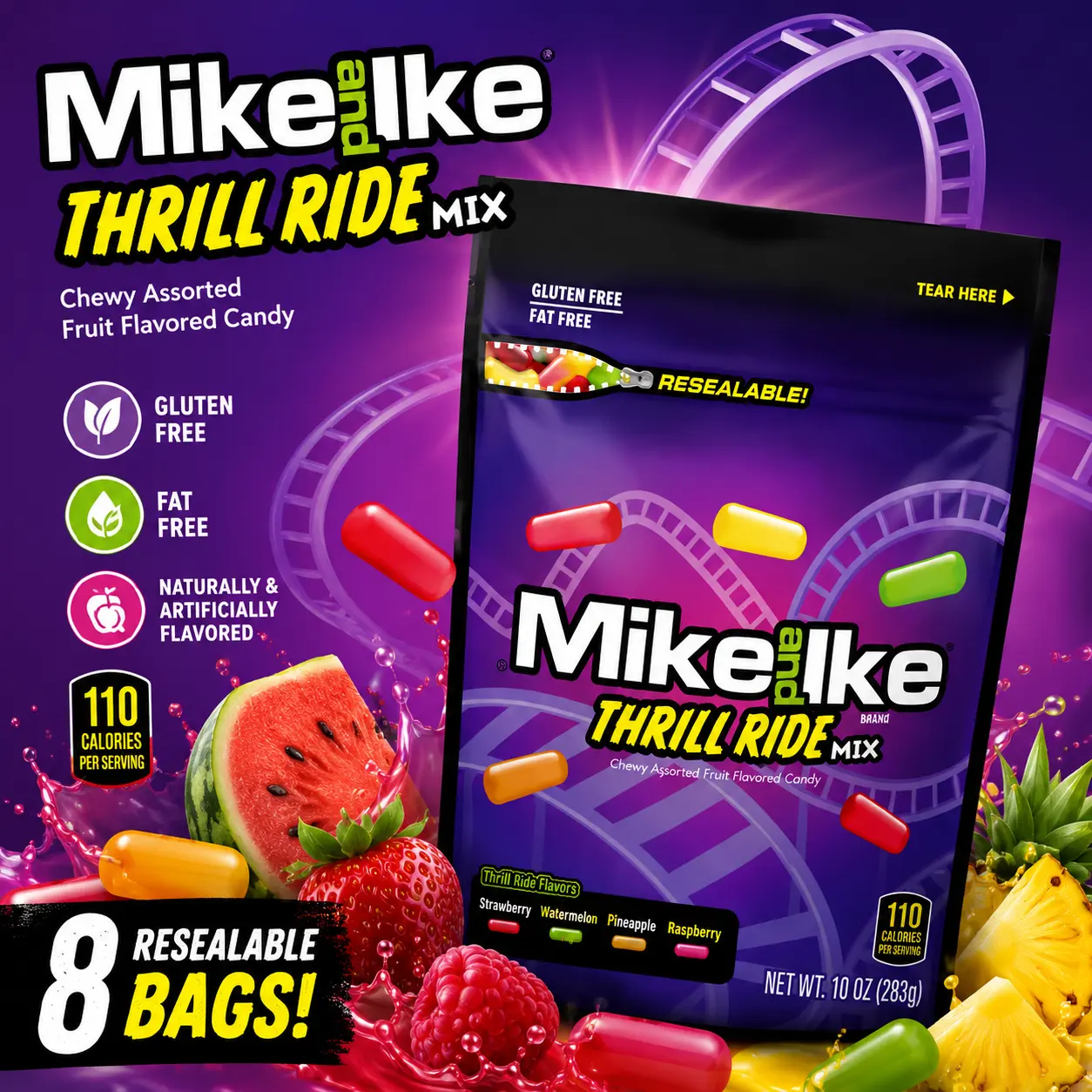 Mike and Ike Thrill Ride Mix Chewy Candy 10 oz 8 Count  Limited Edition Assorted Fruit Candy Bags | Resealable Sharing Size