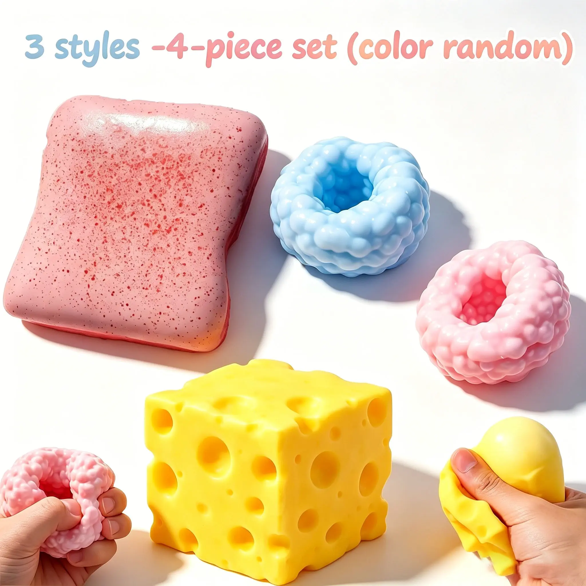 4-Piece Food Gummy Toy Set, Toast Donut Cheese Squeeze Toys, Stress Relief Asmr Fidget Toys, Squishy Fidgets for Kids and Adults, Random Colors, Soft Sensory Squishies Set