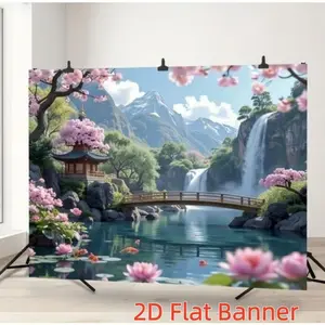 1PC Custom 2D Flat Polyester Backdrop Banner - Japanese-Style Landscape with Cherry Blossoms, Waterfalls, Pond, Koi, Lotus, Bridge - for Birthday Party Decorations, Photography