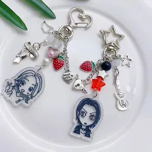Y2K Nana Hachi Keychains Cartoon Strawberry Bass Beaded Keyring Girly Fashion Key Ring Bag Pendant Camera Charms Girl Gifts