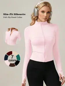 women zip up jacket solid color waist shaping long sleeve versatile loungewear thumb hole trendy casual skin friendly all season pajamas outdoor travel slim fit figure flattering stand collar yoga wear