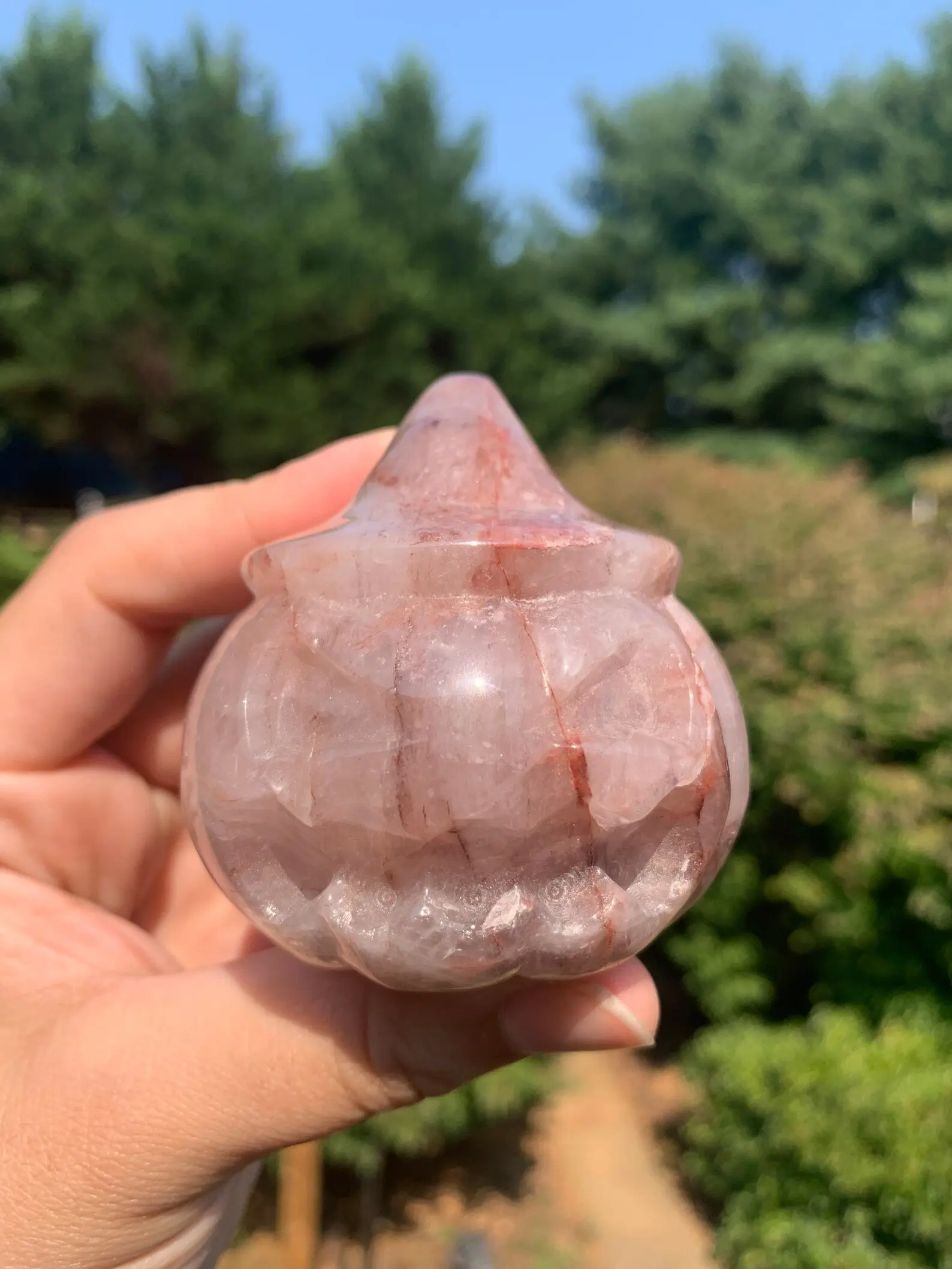 Fire Quartz Dendritic Jack-O-Lantern, Pumpkin Skulls | Red Hematoid, Dendrite, Fall, Harvest, Autumn, Halloween, Crystals, Carvings, Natural Gemstones, Rainbows, Sheens
