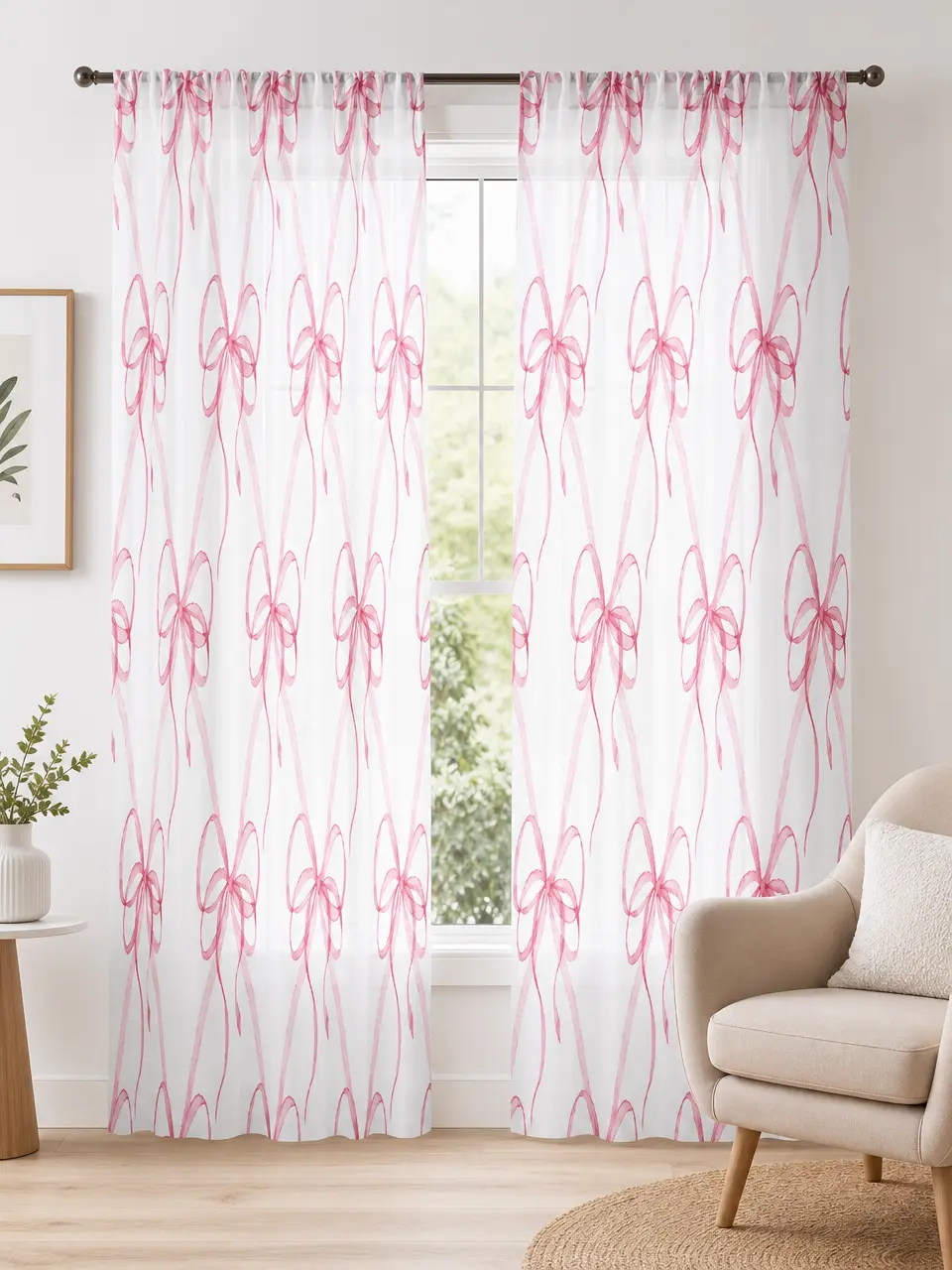 2-Piece Polyester Sheer Curtains, Pink & Blue Watercolor Bow Print, Coquette Aesthetic, Wrinkle-Resistant Breathable Light Filter Drapes for Bedroom Decor