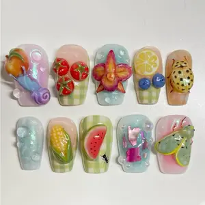 Chic Nail Studio Luxury Garden Picnic Press-On Nails, 3D Fruits, Snail, Tomato, Lemon, Corn, Watermelon, Ladybug, Bug Art, Summer Vibes, Custom Press-On Nail, Vacation, Picnic Style