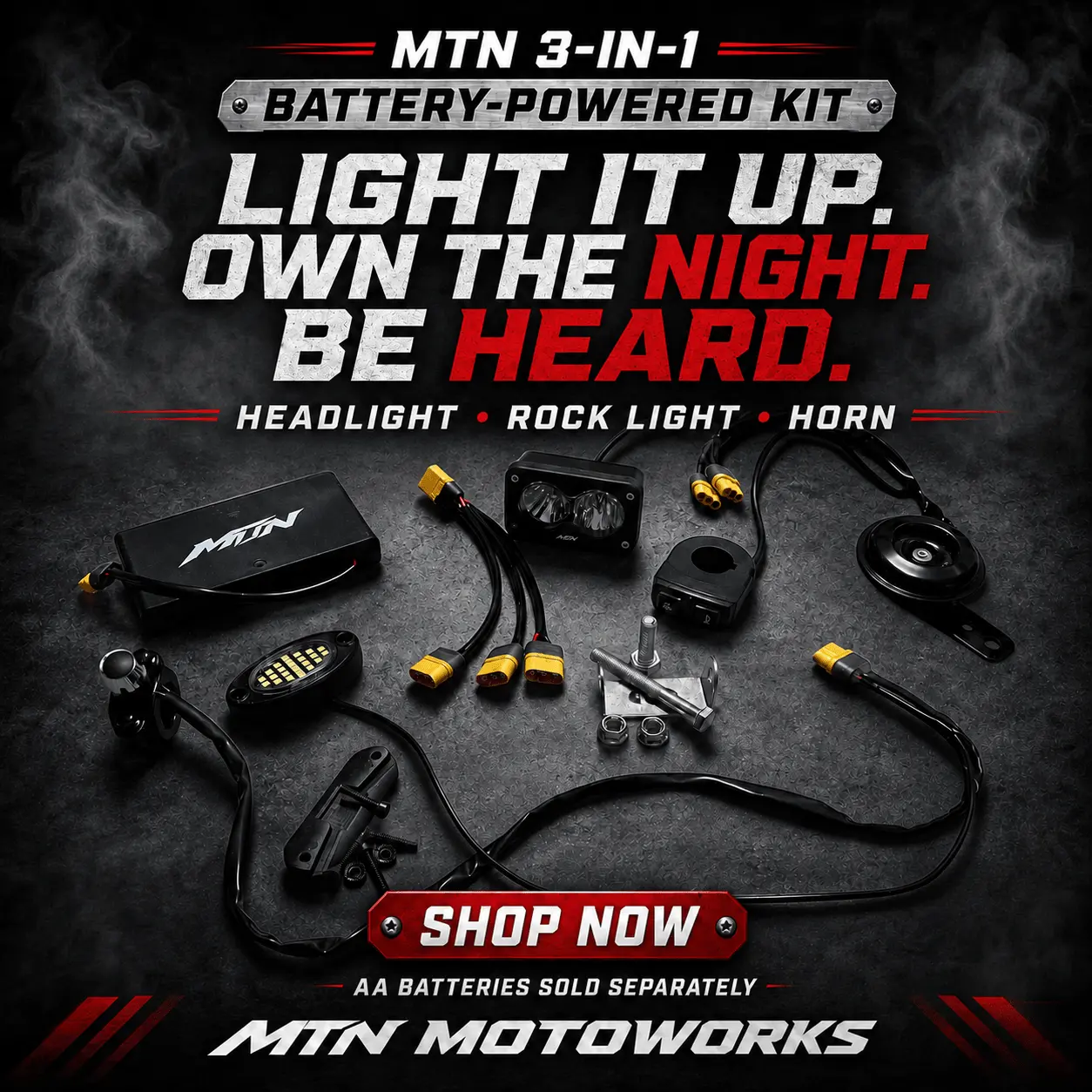 MTN 3-in-1 Battery-Powered Headlight, Rock Light & Horn Kit