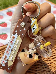 Cute Kawaii Boba Milk Tea Liquid Quicksand Keychain Bag Charm Cartoon Bear Bubble Tea Aesthetic Style With Durable Wrist Strap Anti-Lost Gold Metal Clasp For Teen Girls Women Backpack Purse Car Accessories Birthday Gift Party Favors
