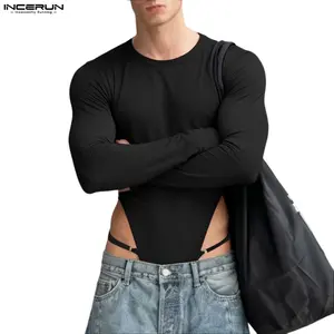 INCERUN, Cosplay Men, All Seasons, Slim Fit Crew Neck Long Sleeve High Cut Out Bodysuit, Nightclub, Party, Muscle Show, Swimwear, Role-play Wear