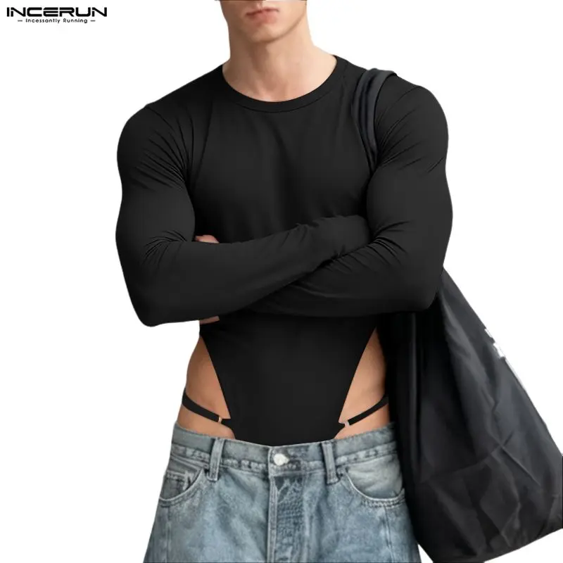 INCERUN Men's Athletic Bodysuit - Minimalist Slim-Fit Long Sleeve Top with High-Cut Bottom and Metal Buckles for Nightclub Parties