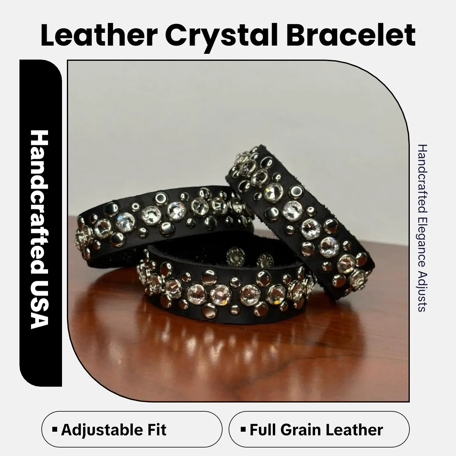 Handcrafted Full Grain Designer Leather Cuff Jewelry Bracelet, Unisex Western-Chic Prong-Set High-Brilliance Faceted Non-Natural Crystals, Adjustable 7-8 In, Made in USA, Casual Streetwear Accessory