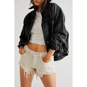 Black Washed Oversize Pocketed Denim Jacket Can be used with raincoat