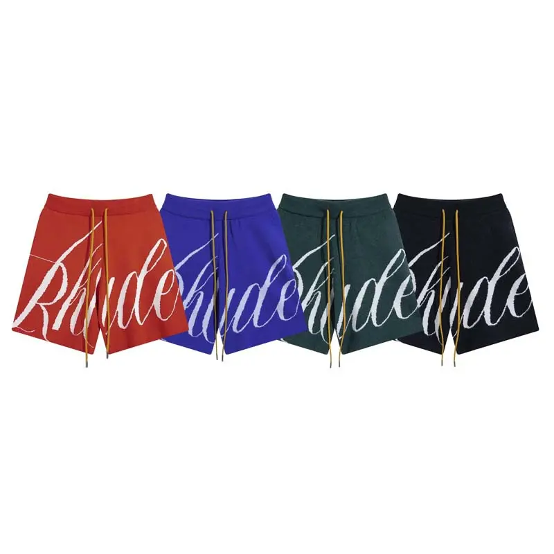 Rhude Letter Logo Jacquard Drawstring Knit Shorts, Unisex Summer Casual Loose-Fit Athletic Cropped Shorts