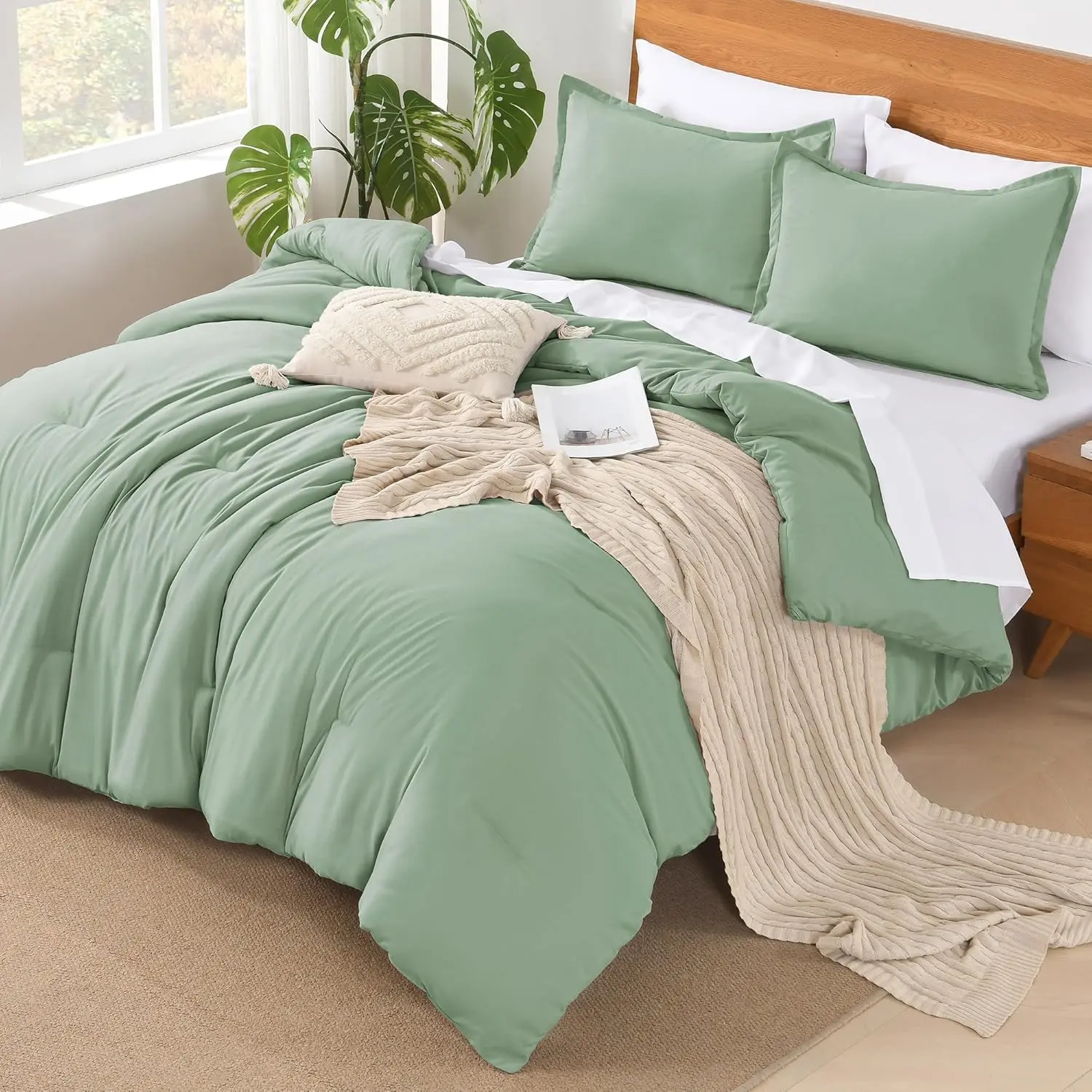 Sage Green Full Size Comforter Sets - 7 a Bag Full Beddding Comforter Sets, Summer Lightweight Comforter with, Flat, Pillowcases  Shams