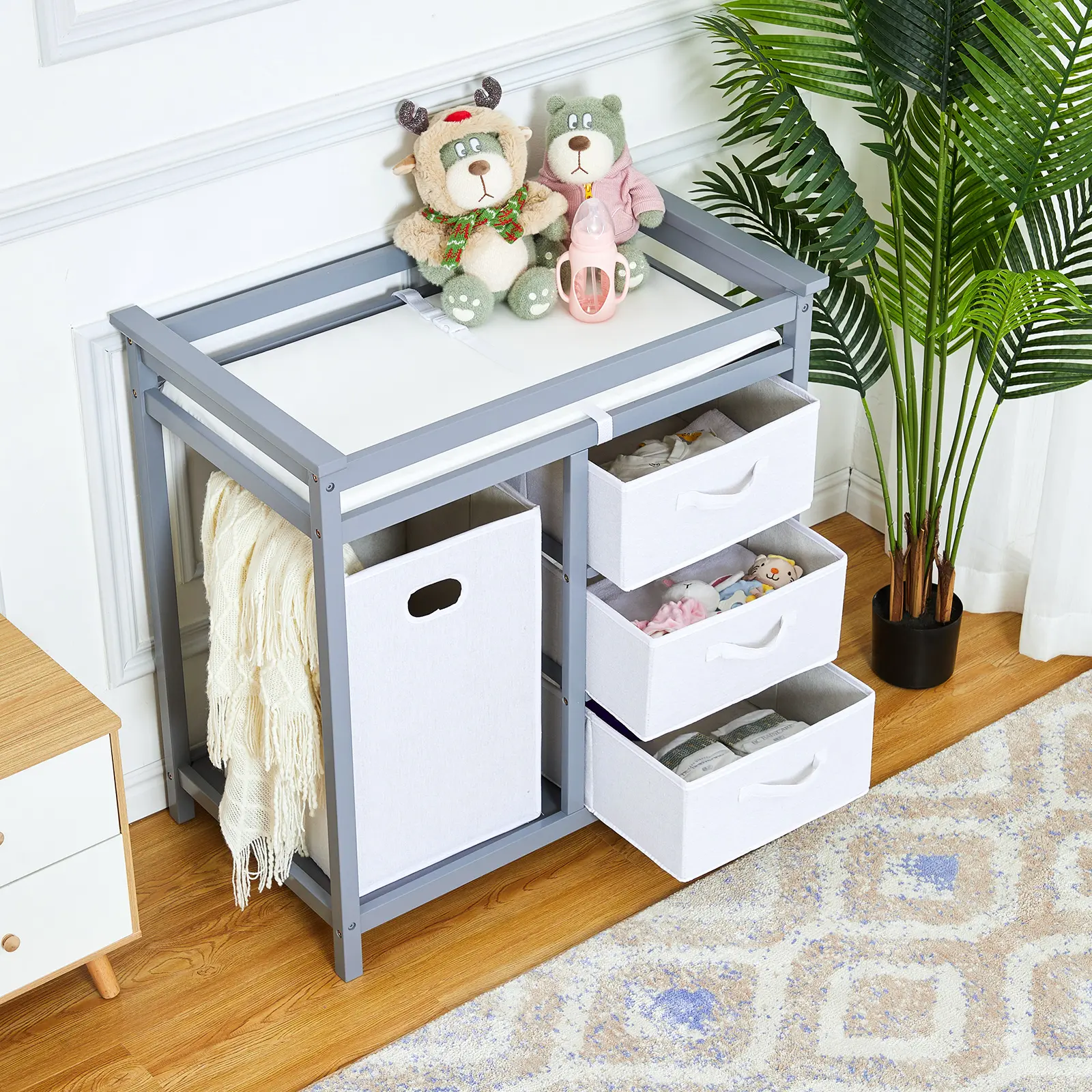 Wooden Baby Changing Table, Diaper Changing Table, Safety Belt & Pad Included, 3 Drawer Basket and Changing Pad, Nursery Diaper Changing Station