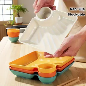 4-Piece Square PP Dumpling Plate Set with Sauce Divider | Fries, Sushi, and Snack Platter | Creative Dipping Sauce Dish + Vinegar Dish | Home Kitchen Dessert and Fruit Tray | Stackable Non-Slip Tableware | Dining Plate Set | Plastic Plates Set