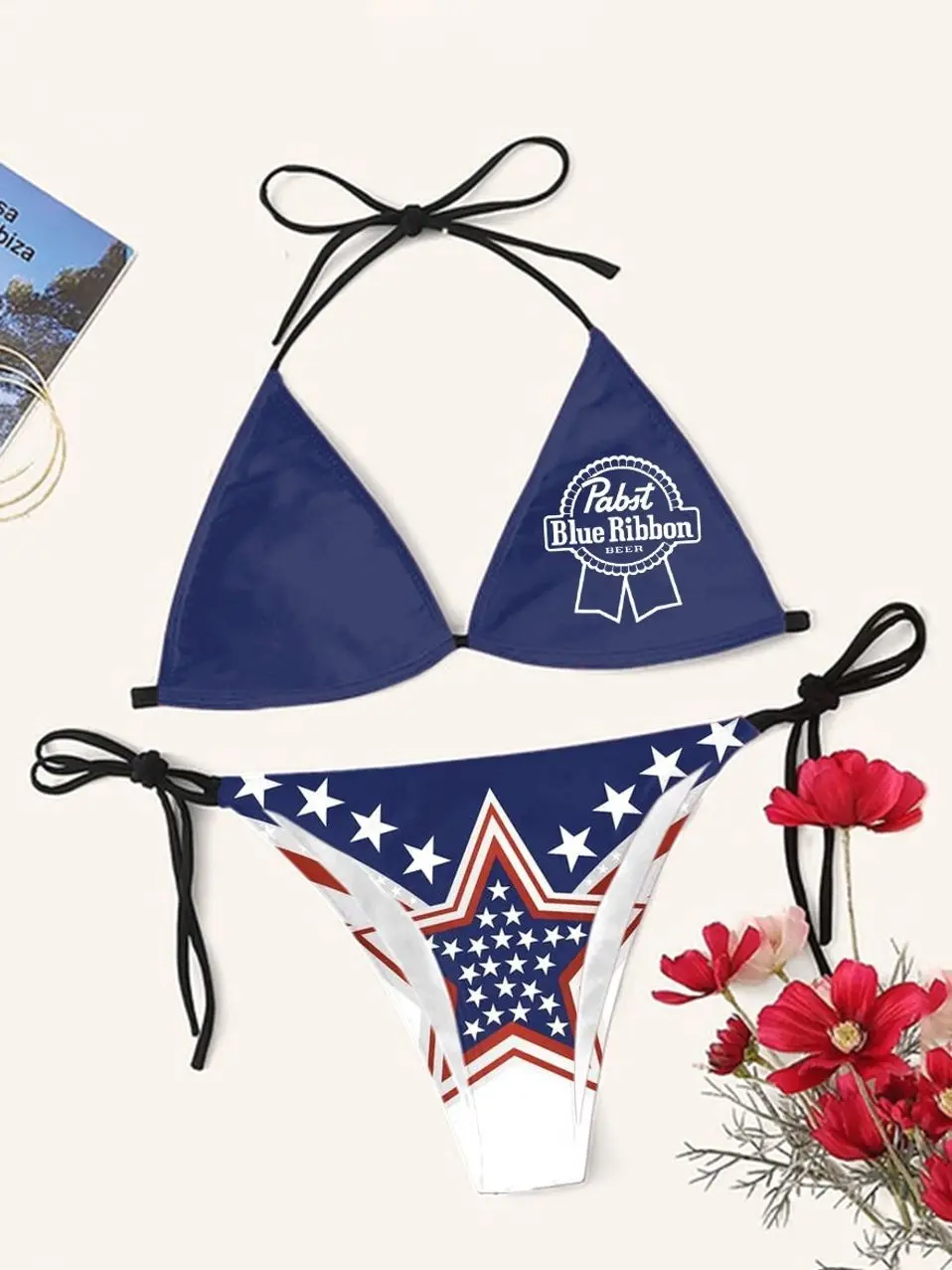 Pabst Blue Ribbon Blue Ribbon Casual U.S. Independence Day Print Red Bikini NAI