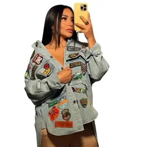 Patched Y2K Denim Jacket Full Design - Women's Casual Fitted Long Sleeve Top with Nostalgic Patchwork Style for Everyday Wear
