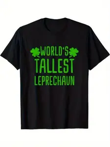 Men's Funny Irish-Themed T-Shirt - World's Tallest Leprechaun Green Text & Clover Print Black Shirt, St. 's Day Outfit, Casual Round Neck Tee for Parades, Parties & Irish Events (Machine Washable)