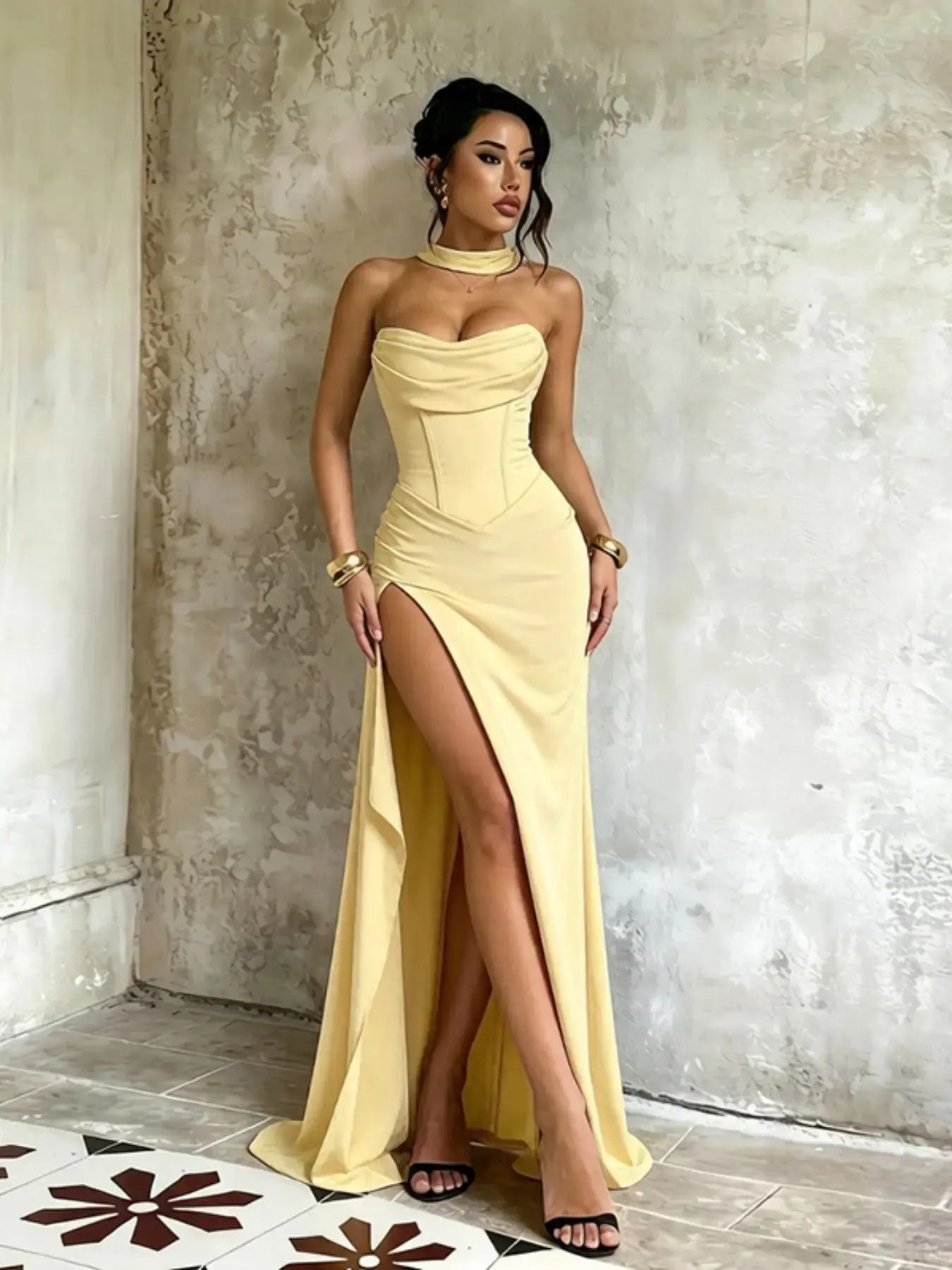 Slim-Fitting Strapless Wrap Dress with Waist Cinch and Side Slit, Sexy Chic Plain Style Formal Evening or Party Dress for Women, Elegance
