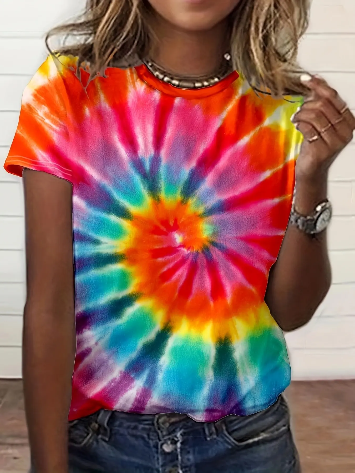 Women's Tie Dye Short Sleeve Fitted T-Shirt, Summer New Color Gradient Round Neck Top, Fashion Versatile Everyday Casual Style, Trendy Womenswear Ladies' Clothing