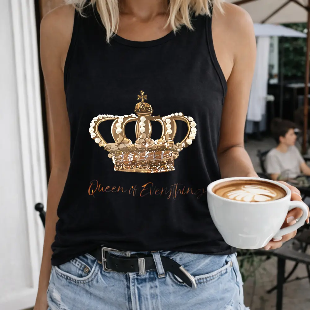 Women's Queen Of Everything Crown Streetwear T-Shirt - Crew-Neck, Short-Sleeve, Pullover Vest, Outdoor Casual, Matching Fit