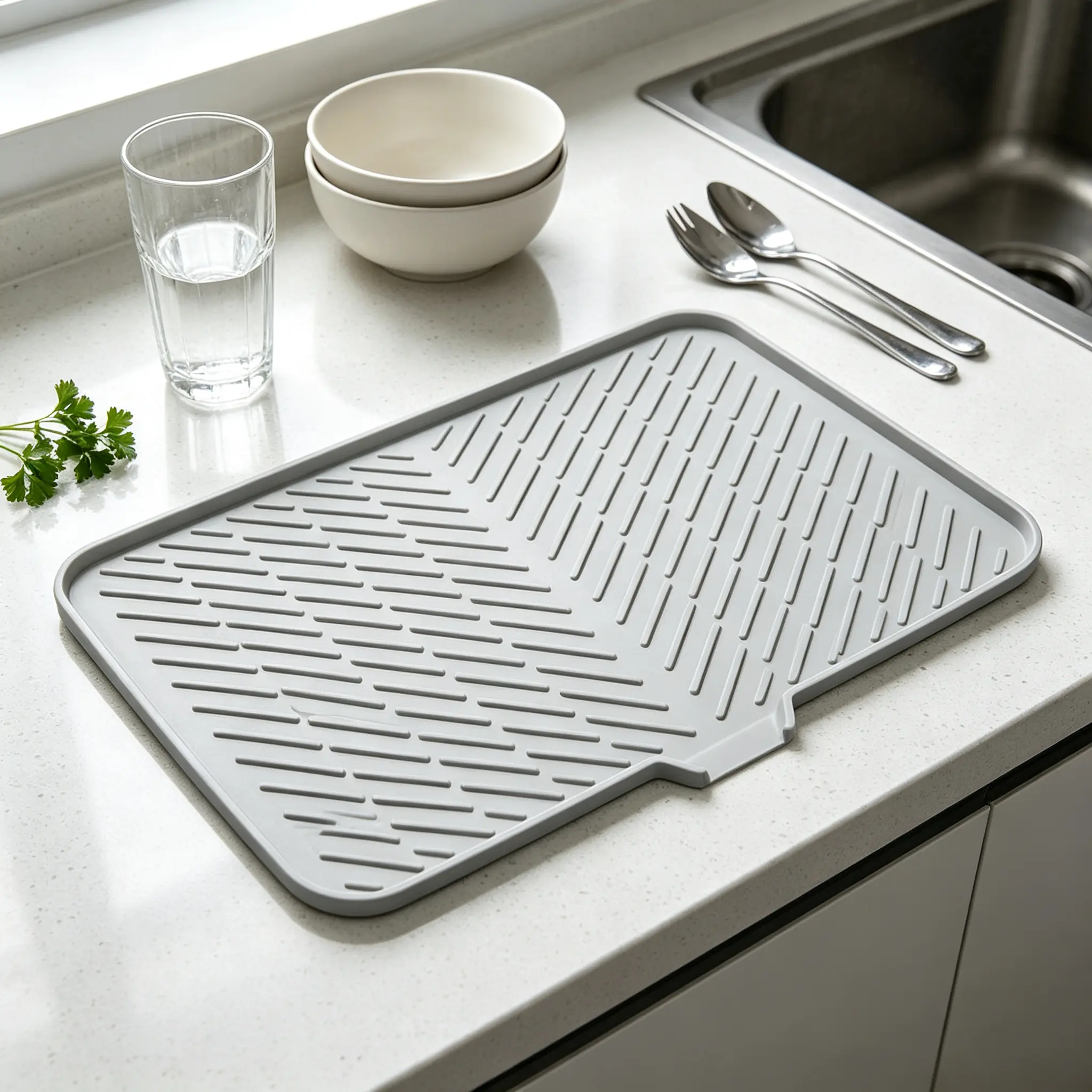 Large Size Gray Rectangular Silicone Dish Drying Mat for Kitchen Counter Home Use, 23"x17" Compact Mat with Built-in Drain Lip, Diagonal Ridges, Heat-Resistant, Eco-Friendly, Hygienic, Leak-Proof, Non-Slip