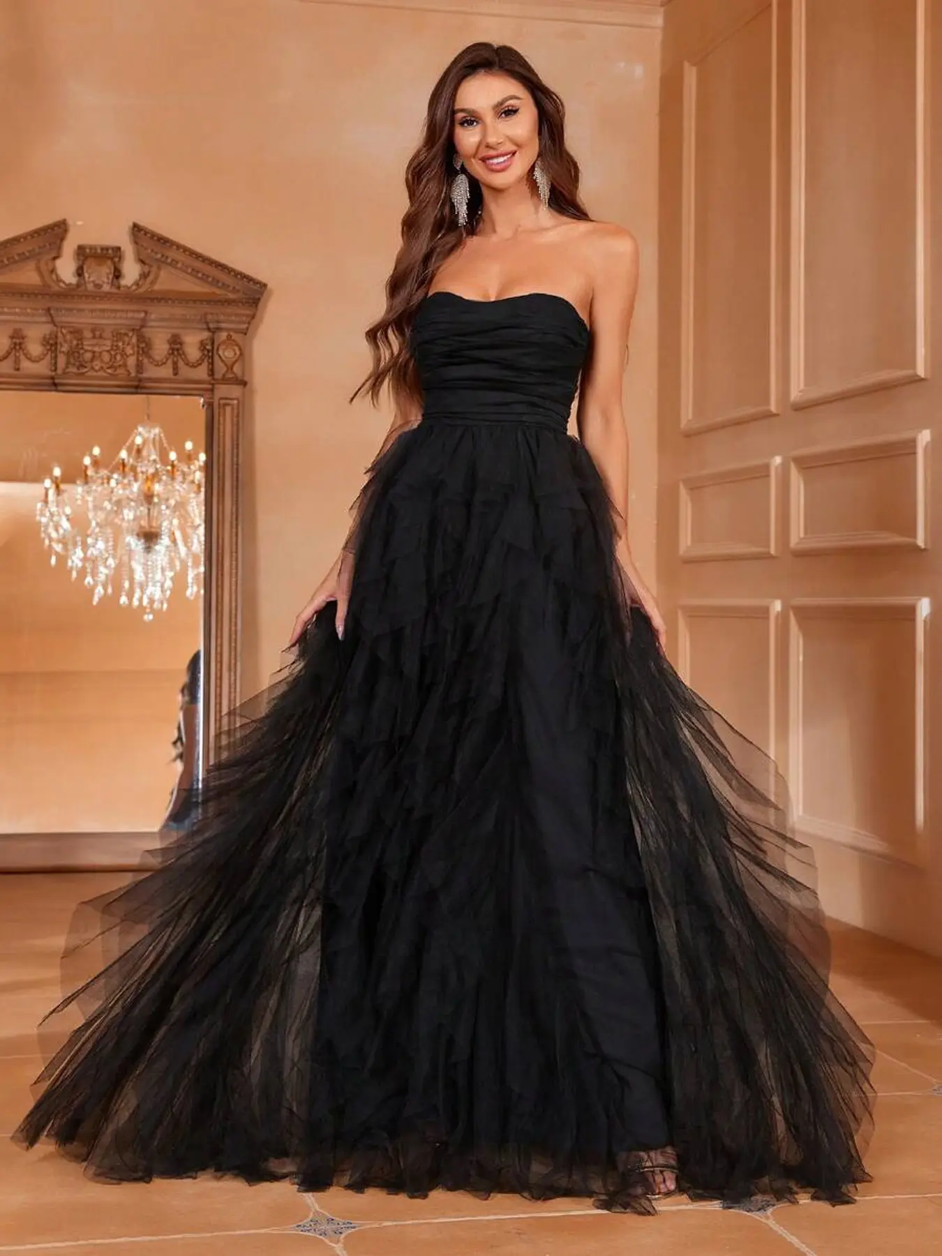 princess polly baby blue dress Women's elegant black strapless evening gown with a layered sheer design,  exuding grace and sophistication. Perfect for parties, red carpet events,  upscale social dinners, and other formal occasions
