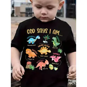 Boys' Verse Dinosaur T-Shirt - God Says I Am... Quotes with Psalm 23, Matthew 1-20 & Romans 8:31, Short Sleeve Casual Church Outfit for Kids, Summer Religious Kids Clothing (Machine Washable)
