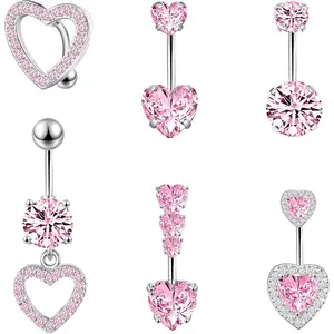 Pink Heart Belly Button Ring Surgical Steel Belly Rings 14G Pink Belly Button Piercing Cute Belly Ring for Women Navel Ring