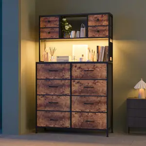 12-Drawer Bedroom Dresser with LED Light and Power Outlet, Fabric Chest of Drawers with Open Shelves, Metal Frame and Wood Top for Hallway and Living Room