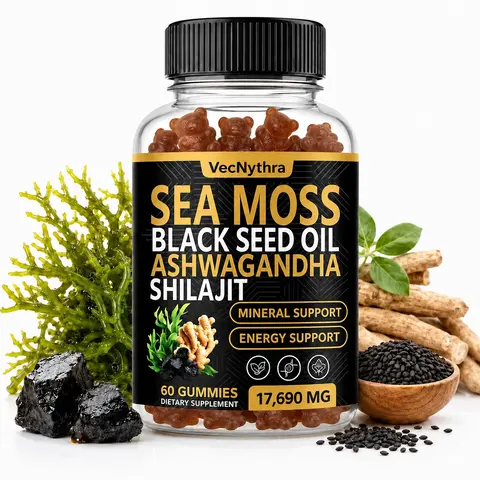VecNythra Sea Moss Gummies - Natural Adaptogen Dietary Health Nutrient Energy Stamina Supplement for Adults with Ashwagandha, Turmeric, Shilajit, Elderberry - Immune Support (60 Pieces, Prop 65 Safe)