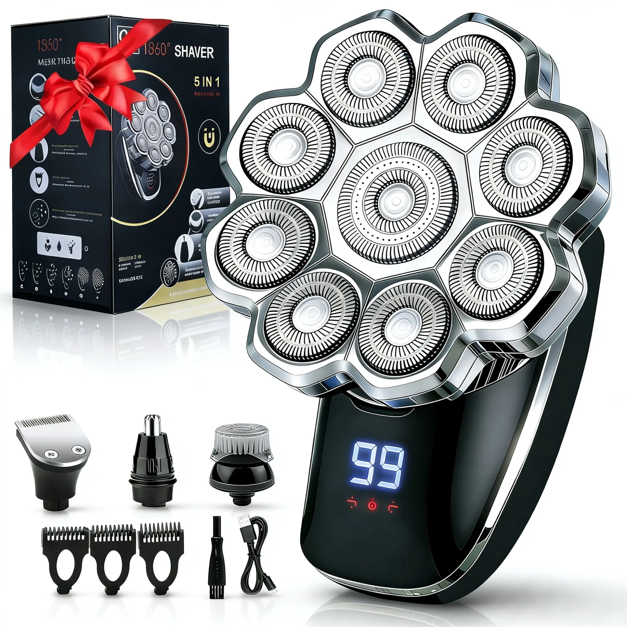 6-in-1 Electric Head Shaver, Waterproof Wet/Dry Grooming Shaver & Accessories, Cordless Rechargeable Bald Head Razor for Home & Travel, Multifunctional Epilator