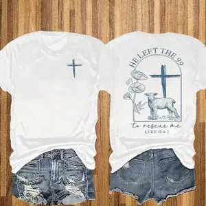 Women's Cross and Sheep Pattern Bible Story T-shirt, Bible Chapter, 180G Solid Color Double-sided Printed Round Neck Short Sleeve T-shirt, Casual Printed T-shirt, Fashion Single Piece
