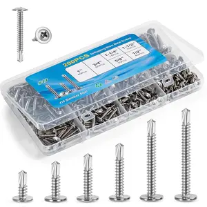 200PCS Sheet Metal Self-Drilling Screws Assortment Kit - # 8 Truss Head Stainless Steel Self-Tapping Screws, 6 Sizes (1/2" to 1-1/2") for Sheet Metal, Auto & Roofing