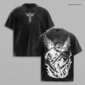 Archangel Michael Vintage Washed Oversized Christian T-Shirt, Angel of Fire Faith Graphic Tee, Heavy Cotton Dark Scripture Streetwear Top, Unisex Retro Worship Shirt for Believers