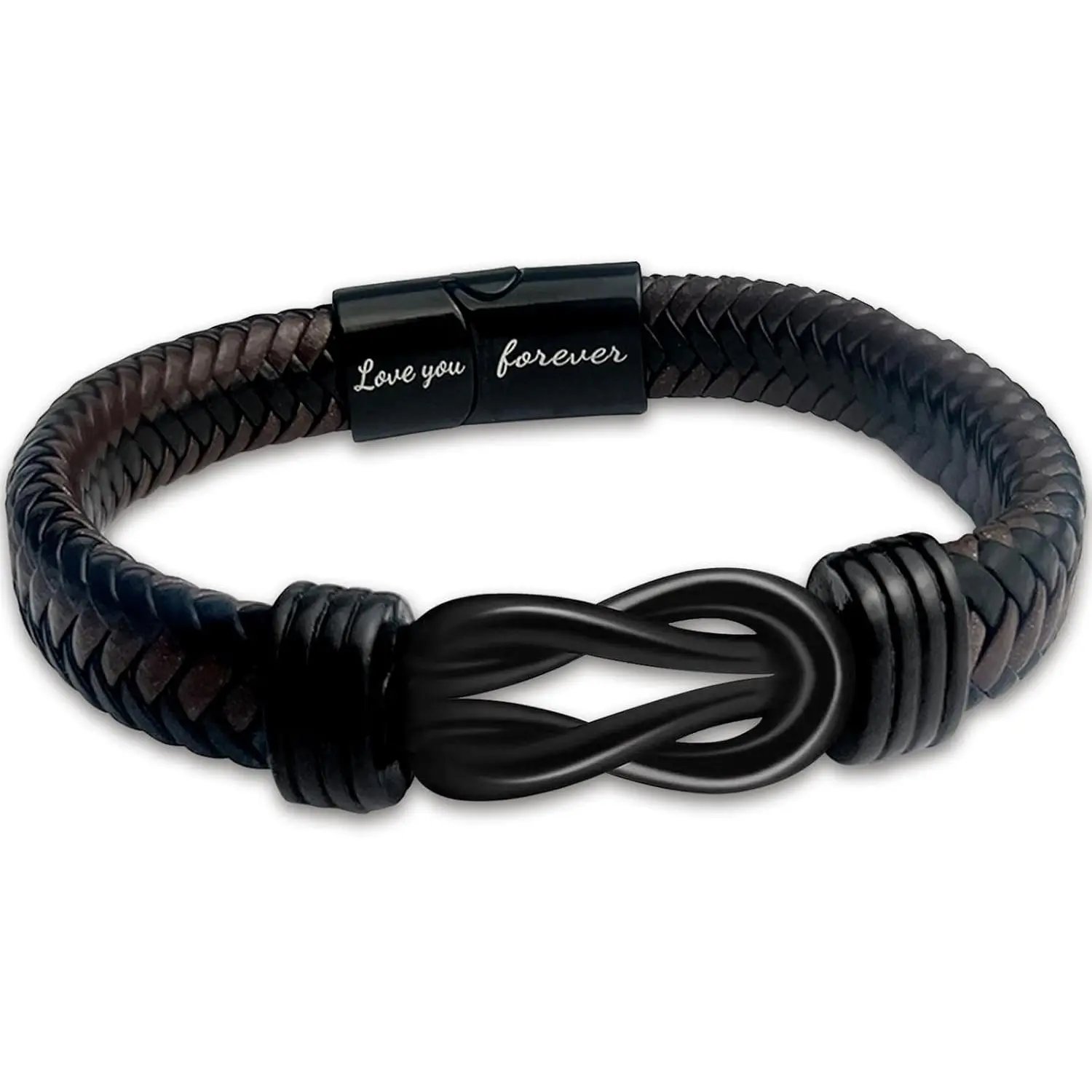 Knot Bracelet Gifts for Men  Brown Braided Leather Stainless Steel Infinity Bracelet, "Love You Forever" Engraved,  for Husband, Boyfriend, Son, Grandson, Brother, Always Linked Together