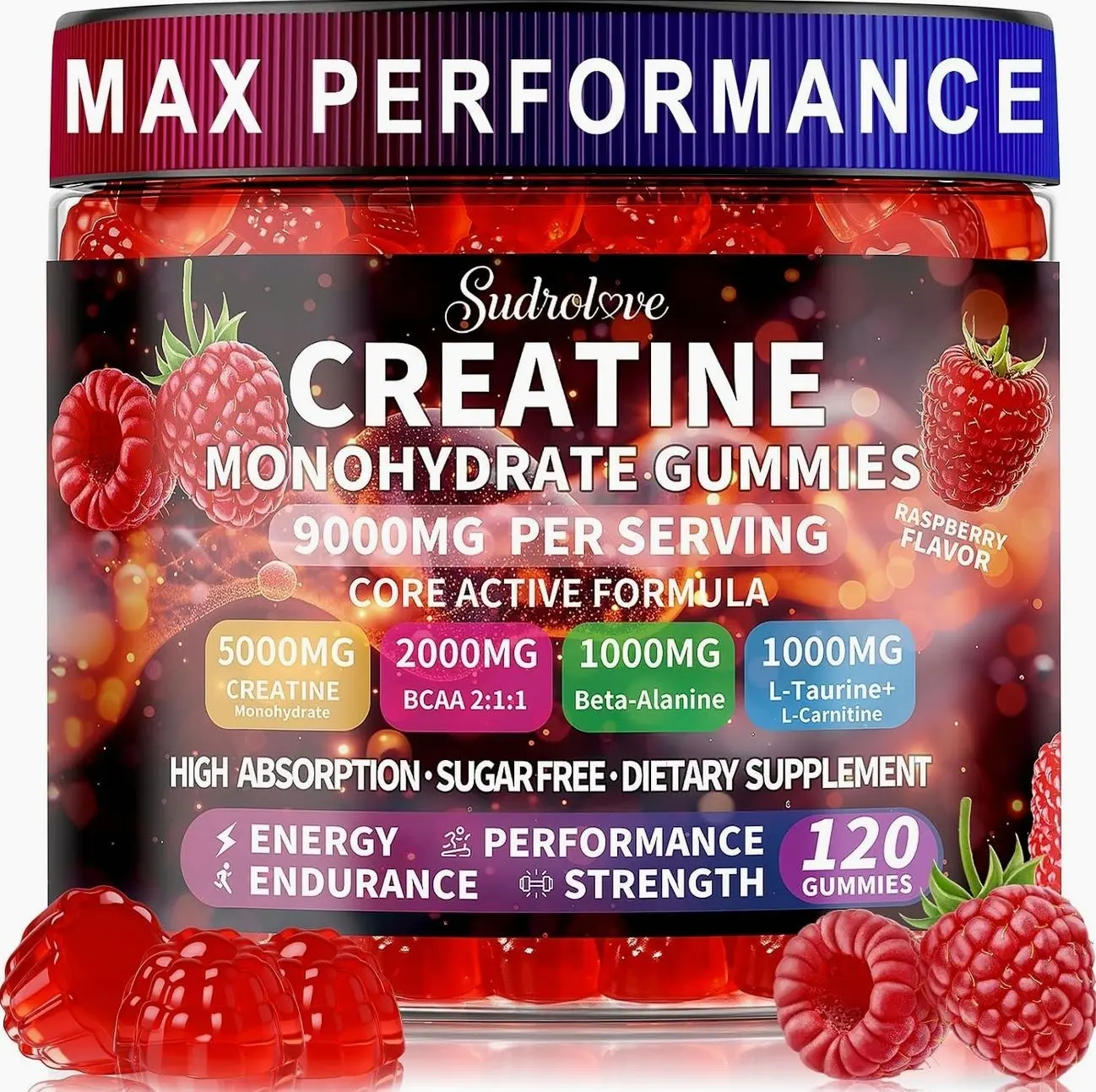 Creatine Monohydrate Gummies with BCAA, Beta-Alanine, L-Taurine, L-Carnitine, Vitamins B6 & B12, Raspberry Flavor, Pre Workout Chewable Supplement for Men & Women, 120 Count,Raspberry