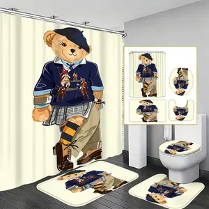 1pc British College Style Polo Bear Themed Bath 4-Piece Shower Curtain Set, Vintage Aesthetic Bathroom Decor, Bathroom Decoration Accessories for Stylish Spaces, Ideal for Art Lovers