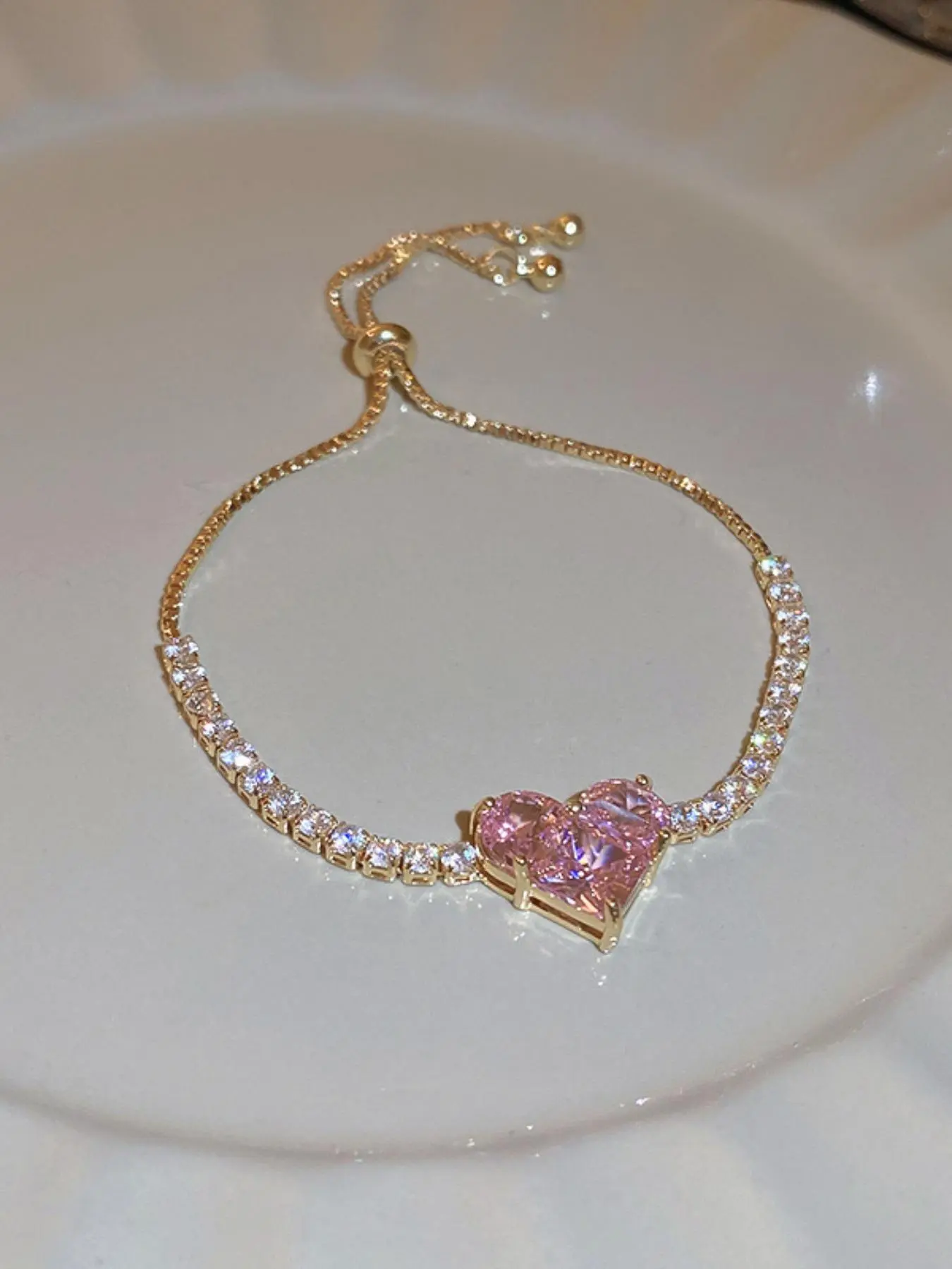 Mother's Day Gift Women's Elegant Pink Heart Design Link Bracelet, Heart Shaped Bracelet, Rhinestone Decorated Trendy Bracelet, Fashionable Accessories for Women & Girls, Valentine's Day, Jewelry Gift, Pretty Bracelet, Heart Bracelets