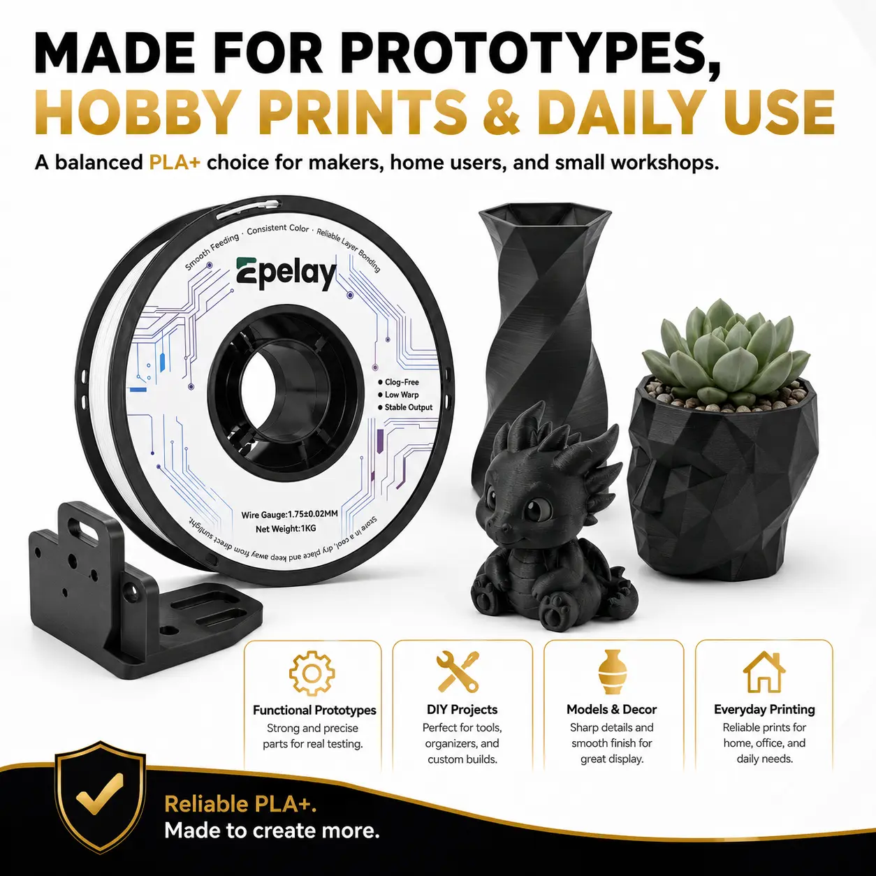 EPELAY PLA+ 3D Printer Filament, 1.75mm-±0.02mm Precision, 1 kg Gray, Smooth Feeding, Clog-Free, Neat Winding, Low-Odor FDM Option, Eco-Friendly, Multiple Colors, Precise Layers, No Batteries, 3D Printing Supplies for DIY Projects EPELAY PLA+ 3D Printer Filament, 1.75mm-±0.02mm Precision, 1 kg Gray, Smooth Feeding, Clog-Free, Neat Winding, Low-Odor FDM Option, Eco-Friendly, Multiple Colors, Precise Layers, No Batteries, 3D Printing Supplies for DIY Projects