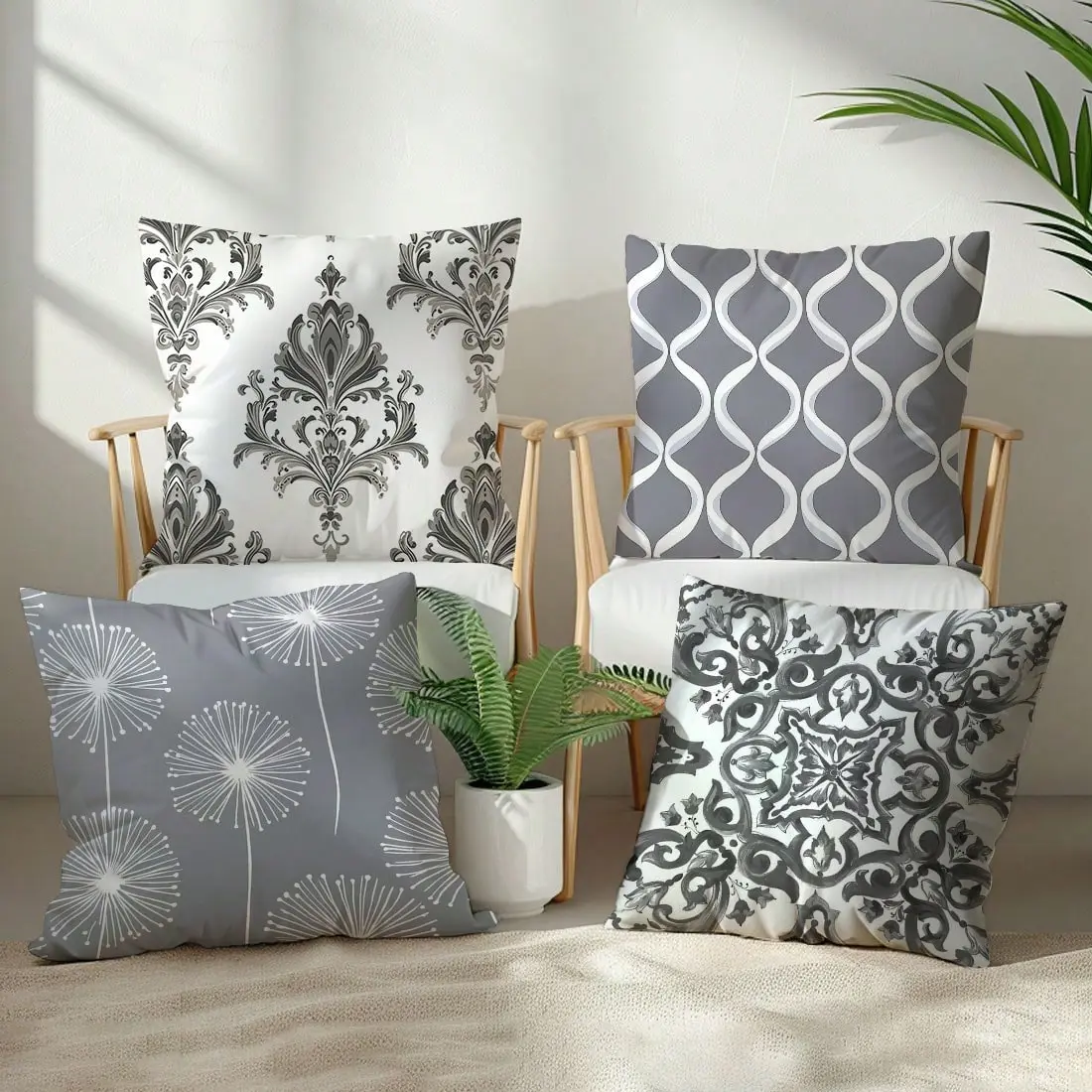 4pcs Set Gray Minimalist Daily Morris Pattern Cushion Covers, Single-Sided Printed Velvet Fabric Pillow Covers For Modern Fabric Sofa Indoor Decor, Party Decor, Gift