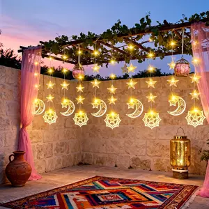 2026 New Star Moon Curtain Decorative Light String, Warm Light Star Moon Theme Design, 80LED Fairy Hanging Night Light, 8-Mode, Suitable for Courtyard, Eaves, Villas, New Year, Valentine's Day, Eid Al Fitr Gift, Festival Light Display