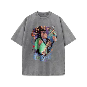 Carnival camel print casual outdoor streetwear top, striking jazz trumpet and carnival print, trendy daily outfit, casual washed pink retro printed T-shirt, unisex crew neck short sleeve